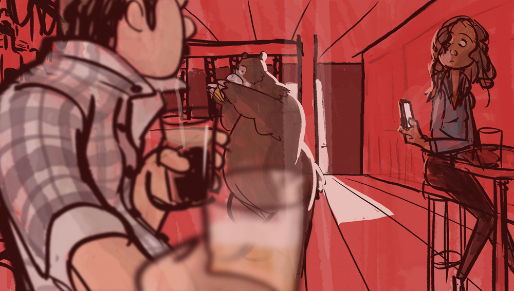 A bear in a bar with beer